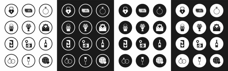 Set Diamond engagement ring, Bouquet of flowers, Flowers basket, Castle the shape heart, Envelope with Valentine, Ticket, Champagne bottle and Please do not disturb icon. Vector