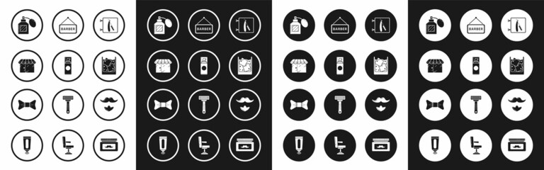 Set Barbershop with razor, Shaving gel foam, building, Aftershave, Glass of whiskey and ice cubes, Mustache beard and Bow tie icon. Vector