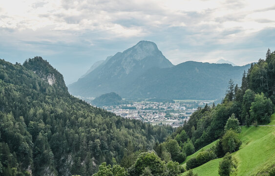 Beautiful alpine panorama showing the Kaiser valley and the city of Kufstein, Austria with the Pendling mountain in the background.