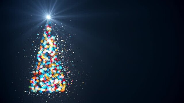 Merry Christmas greeting video card. Christmas tree with shining light and glowing stars on dark blue background, 4K holiday intro animation