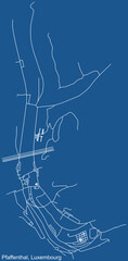 Detailed technical drawing navigation urban street roads map on blue background of the district Pfaffenthal Quarter of the Luxembourgish capital city of Luxembourg City, Luxembourg