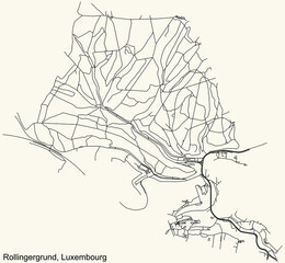 Detailed navigation urban street roads map on vintage beige background of the district Rollingergrund Quarter of the Luxembourgish capital city of Luxembourg City, Luxembourg