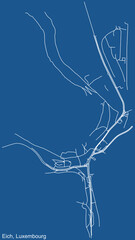 Detailed technical drawing navigation urban street roads map on blue background of the district Eich Quarter of the Luxembourgish capital city of Luxembourg City, Luxembourg