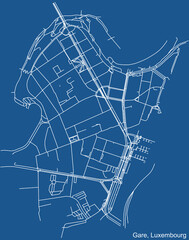 Detailed technical drawing navigation urban street roads map on blue background of the district Gare Quarter of the Luxembourgish capital city of Luxembourg City, Luxembourg