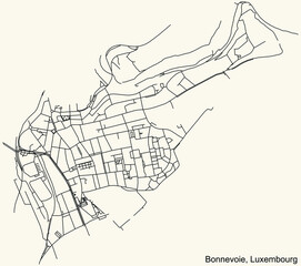 Detailed navigation urban street roads map on vintage beige background of the district Bonnevoie Quarter of the Luxembourgish capital city of Luxembourg City, Luxembourg