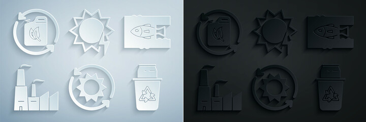 Set Solar energy panel, Stop ocean plastic pollution, Factory, Recycle bin with recycle symbol and can, and Bio fuel canister icon. Vector