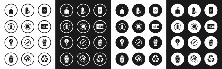 Set Can with recycle symbol and can, Solar energy panel, Recycling plastic bottle, Sprout, Stop ocean pollution, Recycle bin and Light bulb lightning icon. Vector
