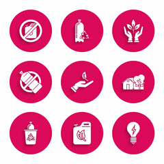 Set Sprout in hand of environmental protection, Bio fuel canister, Light bulb with lightning symbol, Eco friendly house, Recycle bin recycle, No plastic bottle, Plant and for gasoline icon. Vector