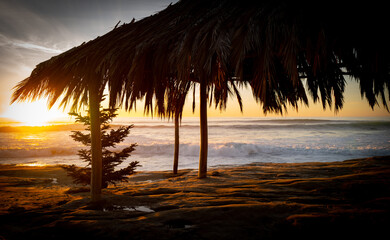 Sunset at a beach hut on the coastline of San Diego La Jolla California