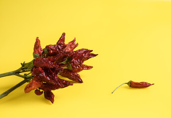 Obraz premium Dried red peppers on a yellow background. Soft focus