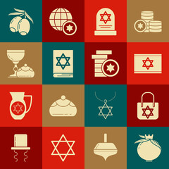Set Pomegranate, Shopping bag with star of david, Flag Israel, Tombstone, Jewish torah book, goblet and hanukkah sufganiyot, Olives branch and coin icon. Vector