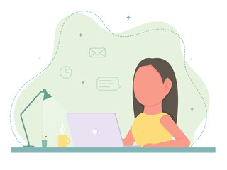 a woman without a face is working at a desk. work in the office. work at home. the girl at the laptop in the flat style. web design