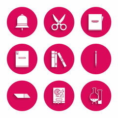Set Office folders with papers and documents, Board graph chart, Test tube flask chemical laboratory test, Pencil eraser, Eraser rubber, Notebook, and Ringing bell icon. Vector