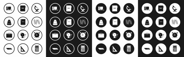 Fototapeta premium Set Microscope, Notebook, School backpack, Computer monitor with keyboard and mouse, Paper clip, Alarm clock and Briefcase icon. Vector