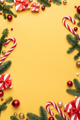 Yellow Christmas background with frame of fir decorations and ornaments