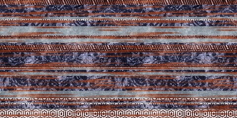 Seamless tribal ethnic stripe grungy border surface pattern design for print. High quality illustration. Faded rug or carpet like cover graphic tile. Thick lines filled with interesting geo textures.
