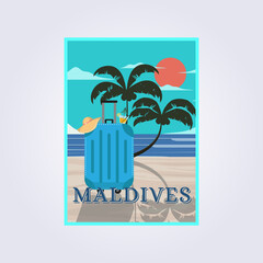 travel retro vintage poster beach travel, suitcase and palm tree vector poster logo illustration design template background