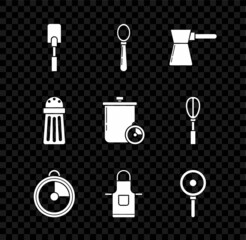 Set Spatula, Spoon, Coffee turk, Kitchen timer, apron, Frying pan, Salt and Cooking pot and kitchen icon. Vector