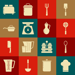 Set Chef hat, Spoon, Spatula, Fork, Scales, Frying pan, Toaster with toasts and Bottle of olive oil icon. Vector