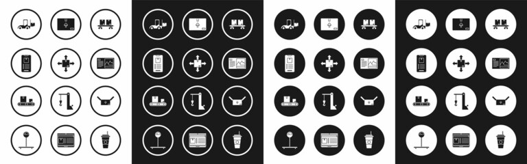 Set Railway carriage, Cardboard box with traffic symbol, Mobile phone app delivery tracking, Forklift truck, Postcard, and Conveyor belt cardboard icon. Vector