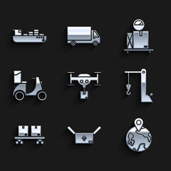 Set Delivery drone with the package, Cardboard box traffic symbol, Worldwide, Harbor port crane, Railway carriage, Scooter delivery, Scale cardboard and Cargo ship boxes service icon. Vector