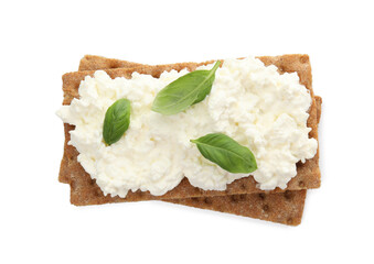 Crispy crackers with cottage cheese and basil on white background, top view