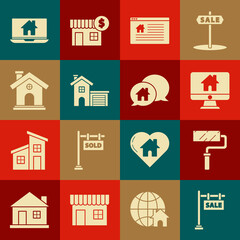Set Hanging sign with text Sale, Paint roller brush, Computer monitor smart home, Online, House, Laptop and and building speech bubble icon. Vector