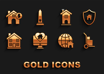 Set Monitor with house in heart shape, House shield, Hand truck and boxes, Globe symbol, Home, dollar and Washington monument icon. Vector