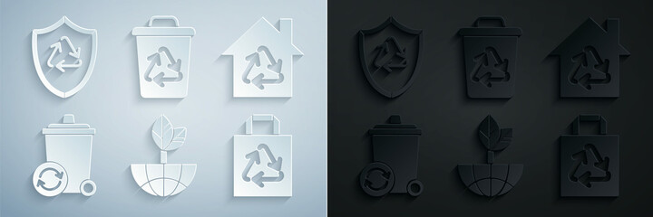 Set Earth globe and leaf, Eco House with recycling symbol, Recycle bin recycle, Paper shopping bag, and inside shield icon. Vector
