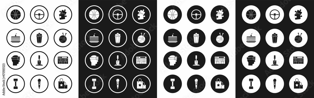 Sticker Set Piece of puzzle, Popcorn in cardboard box, Cake, Basketball ball, Yarn with knitting needles, Steering wheel, Music synthesizer and Virtual reality glasses icon. Vector