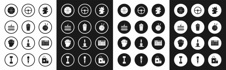 Set Piece of puzzle, Popcorn in cardboard box, Cake, Basketball ball, Yarn with knitting needles, Steering wheel, Music synthesizer and Virtual reality glasses icon. Vector