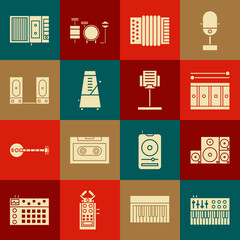 Set Music synthesizer, Stereo speaker, Drum with drum sticks, Musical instrument accordion, Metronome pendulum motion, tape player and stand icon. Vector