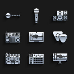Set Sound or audio recorder on laptop, Drum machine, monitor, Guitar pick, DJ remote for playing and mixing music, Stereo speaker and Banjo icon. Vector