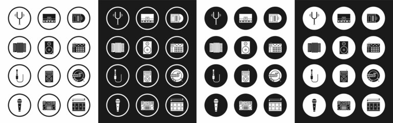 Set Vinyl disk, Stereo speaker, Musical instrument accordion, tuning fork, Drum machine, Piano, CD player and Audio jack icon. Vector