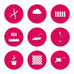 Set Lawn mower, Garden fence wooden, Wheelbarrow, Grass and weed electric string trimmer, Plant pot, Blank sign board, and Gardening handmade scissors icon. Vector