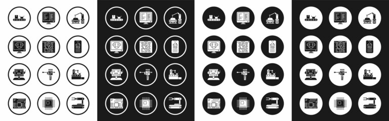 Set Industrial machine robotic robot arm hand, Bot, Conveyor belt with cardboard box, Smart home, Computer monitor screen, Factory conveyor system and Robot icon. Vector