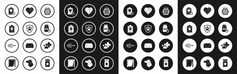 Set Pet carry case, Animal health insurance, Clipboard with medical clinical record pet, Bag of food for, Heart dog, Veterinary symbol and Dog muzzle icon. Vector