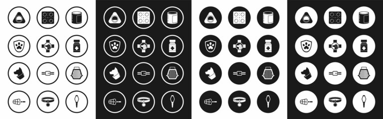 Set Canned food, Veterinary clinic symbol, Animal health insurance, Pet bed, Dog medicine bottle and pills, carry case and Cat icon. Vector