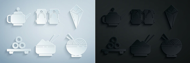 Set Rice in a bowl with chopstick, Temaki roll, Sushi on cutting board, Asian noodles and chopsticks, Geta traditional Japanese shoes and tea ceremony icon. Vector