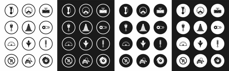 Set Car mirror, Traffic cone, Engine piston, Signal horn vehicle, Timing belt kit, Speedometer, Shock absorber and icon. Vector