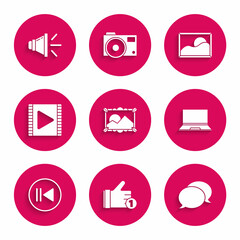Set Picture landscape, Hand like, Speech bubble chat, Laptop, Rewind, Play Video, and Speaker volume icon. Vector