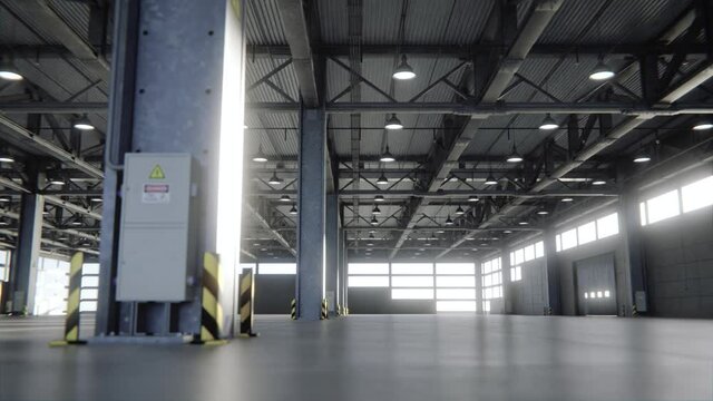 Kamerafahrt durch leere Lagerhalle - Thema Logistik, Handel oder Insolvenz