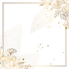 Naklejka premium A square gold frame made of small flowers and branches of a golden ginkgo on a white background. Minimalism of forms in a square frame and abstraction. Leaves with plant flowers. Vector illustration.