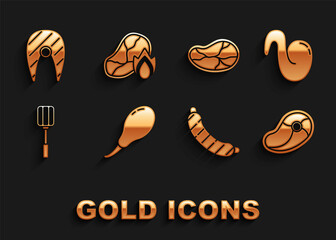 Set Chicken leg, Fried chicken wing, Steak meat, Sausage, Spatula, Fish steak and Grilled and fire flame icon. Vector