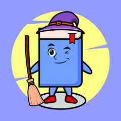 Cartoon witch shaped book mascot with hat and broomstick cute stylish design for t-shirt, sticker, logo elements