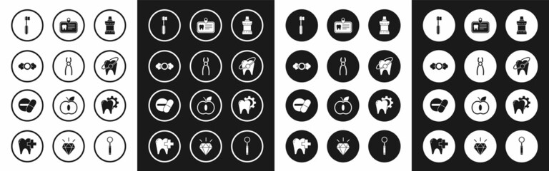 Set Mouthwash plastic bottle, Dental pliers, Candy, Toothbrush, whitening concept, Id card with tooth, treatment procedure and Medicine pill or tablet icon. Vector