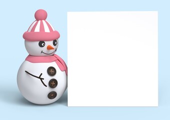 Cute cartoon snowman holding blank banner. 3D image