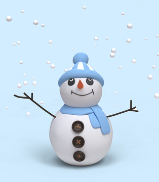 Cute cartoon snowman on a blue background. 3D image