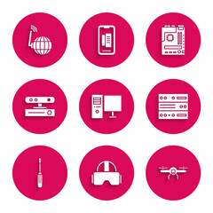 Set Computer monitor, Virtual reality glasses, Drone flying, Server, Data, Web Hosting, Screwdriver, Motion sensor, Motherboard and Social network icon. Vector