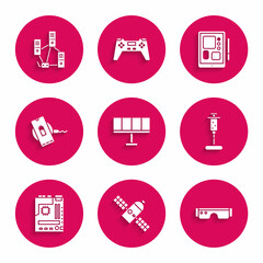 Set Solar energy panel, Satellite, Smart glasses, Syringe, Motherboard, Wireless charger, Graphic tablet and Computer network icon. Vector